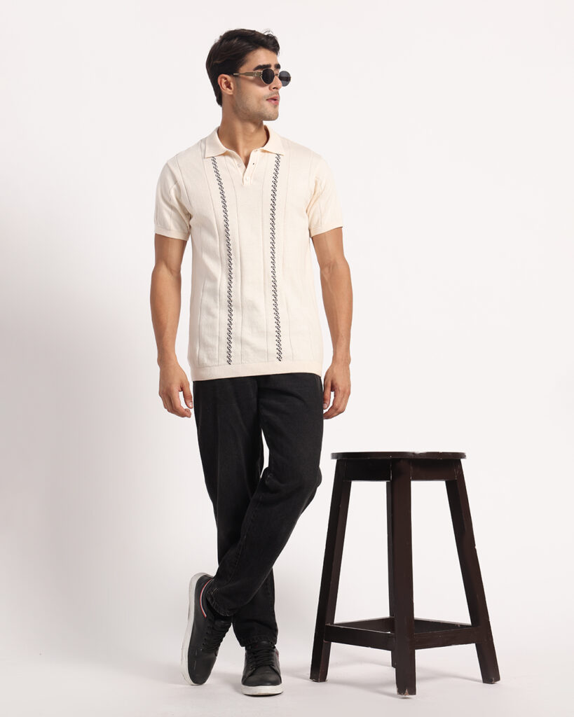 Model wearing Westmere slim fit Cream polo t-shirt